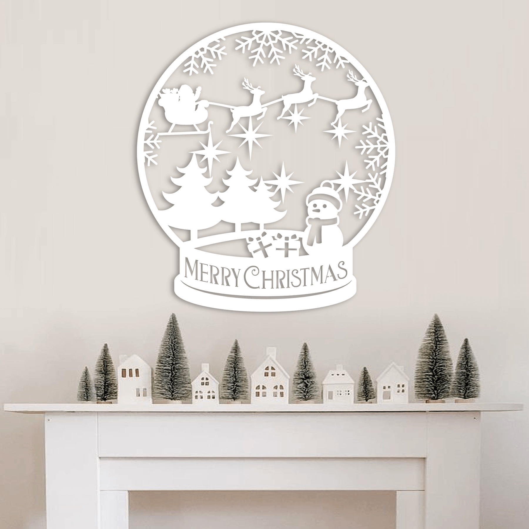 Merry Christmas Snow Globe Metal Wall Decor, Santa and Reindeer Scene, Holiday Snowflake Wall Art for Home and Outdoor Display