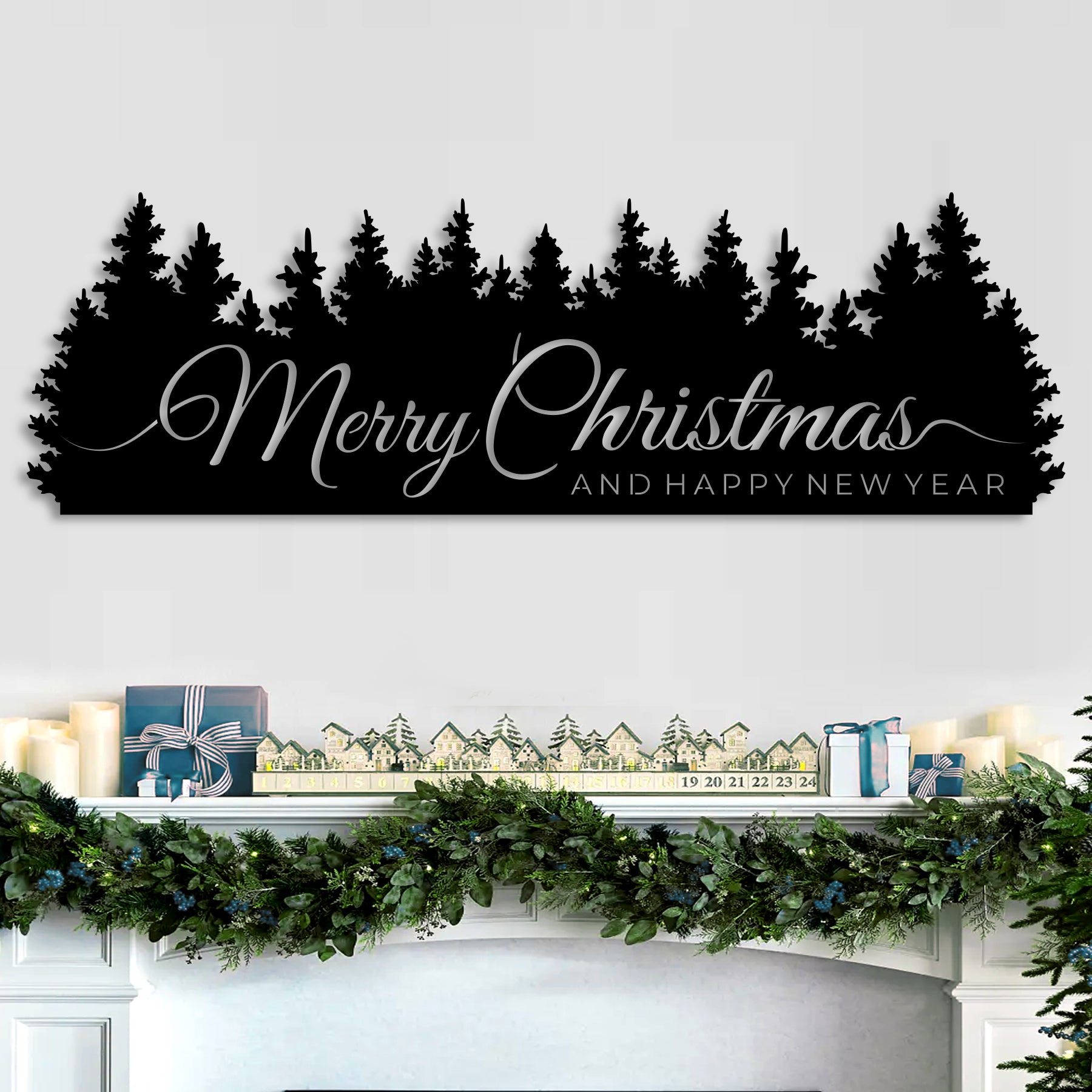 Merry Christmas Trees Metal Wall Sign, Holiday Forest Scene Wall Art, Christmas Mantel Decoration, Rustic Winter Home Decor