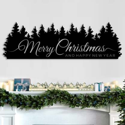 Merry Christmas Trees Metal Wall Sign, Holiday Forest Scene Wall Art, Christmas Mantel Decoration, Rustic Winter Home Decor