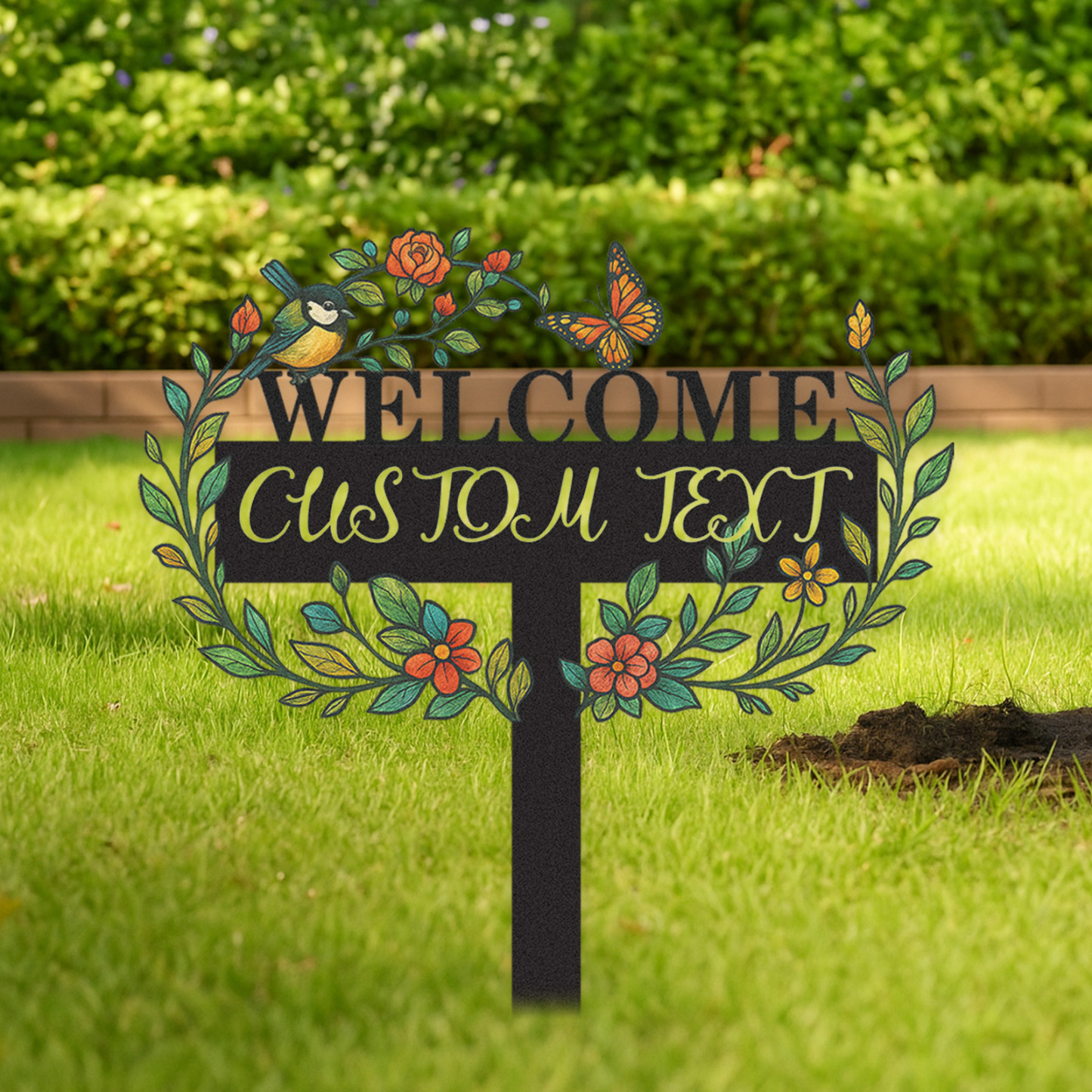 Welcome Garden Sign with Custom Text, Personalized Metal Yard Stake with Bird Butterfly and Flowers, Decorative Garden Name Sign for Front Yard or Entryway