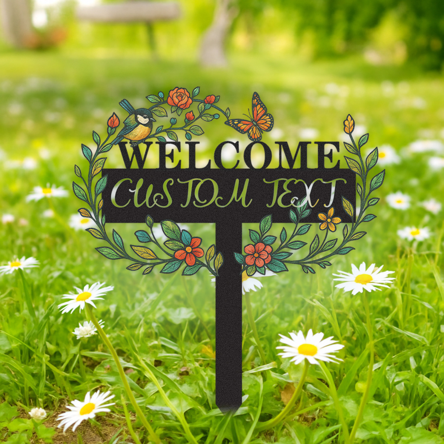 Welcome Garden Sign with Custom Text, Personalized Metal Yard Stake with Bird Butterfly and Flowers, Decorative Garden Name Sign for Front Yard or Entryway