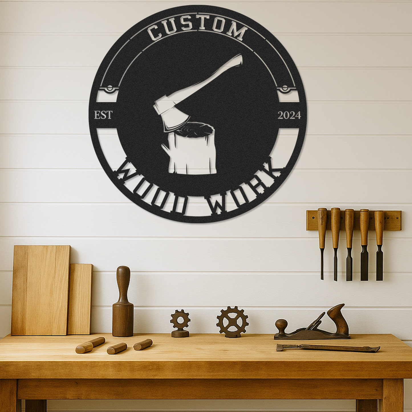 Custom Woodworking Sign, Personalized Woodwork Metal Sign, Rustic Workshop Decor, Gift for Carpenter Dad