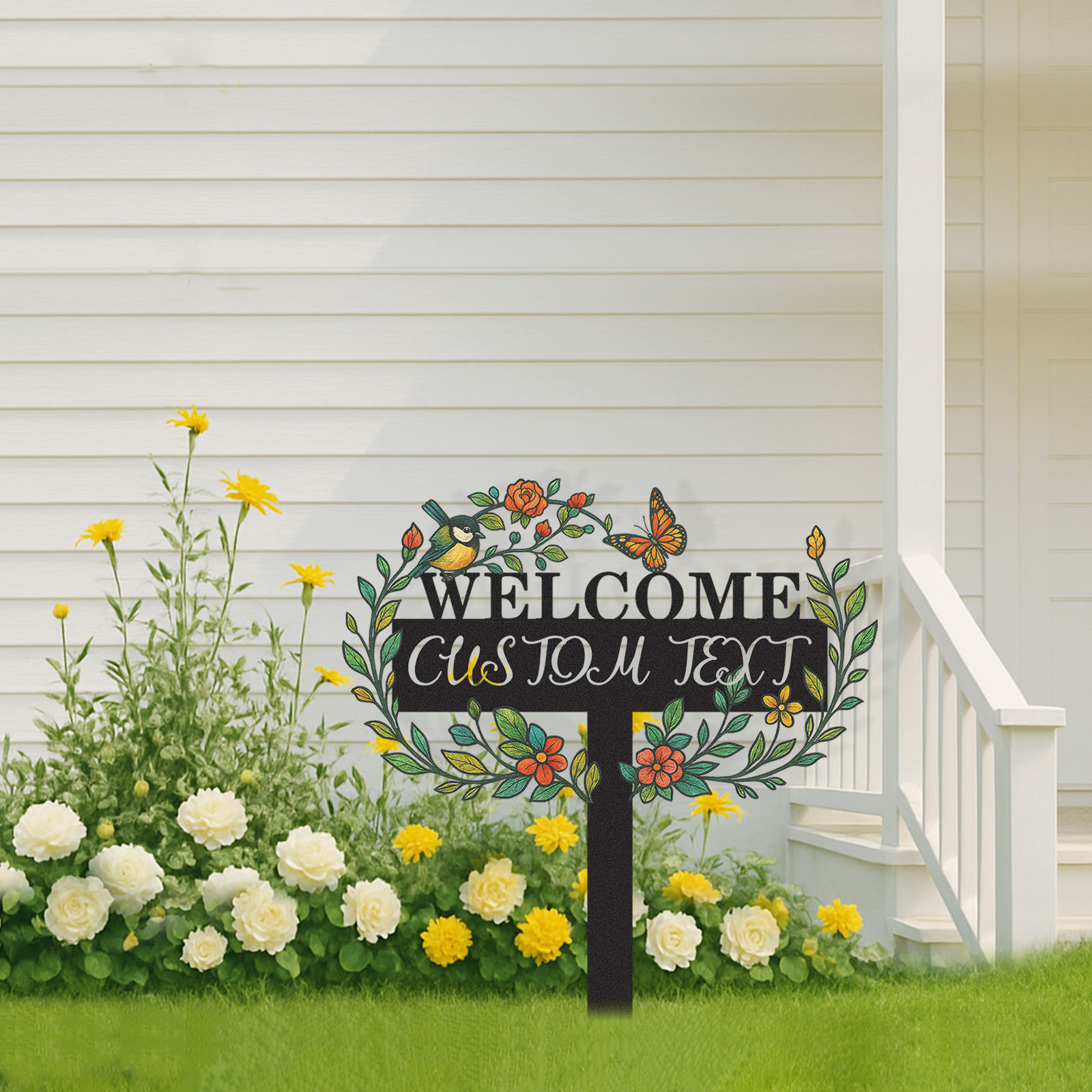 Welcome Garden Sign with Custom Text, Personalized Metal Yard Stake with Bird Butterfly and Flowers, Decorative Garden Name Sign for Front Yard or Entryway