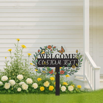 Welcome Garden Sign with Custom Text, Personalized Metal Yard Stake with Bird Butterfly and Flowers, Decorative Garden Name Sign for Front Yard or Entryway
