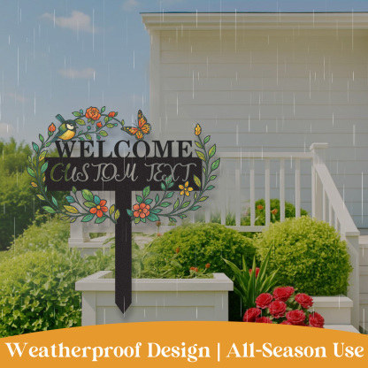 Welcome Garden Sign with Custom Text, Personalized Metal Yard Stake with Bird Butterfly and Flowers, Decorative Garden Name Sign for Front Yard or Entryway