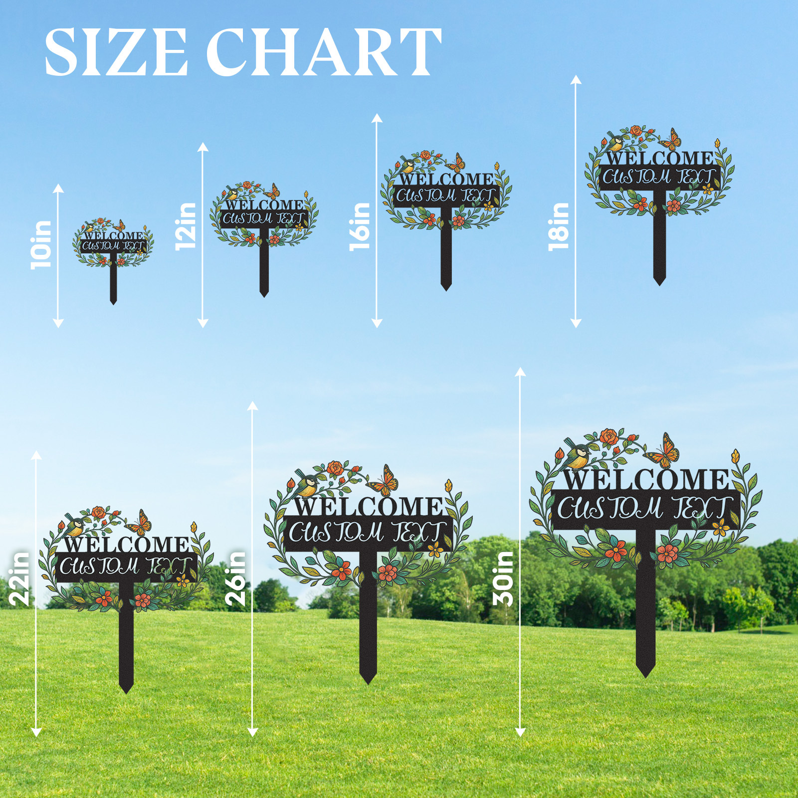 Welcome Garden Sign with Custom Text, Personalized Metal Yard Stake with Bird Butterfly and Flowers, Decorative Garden Name Sign for Front Yard or Entryway