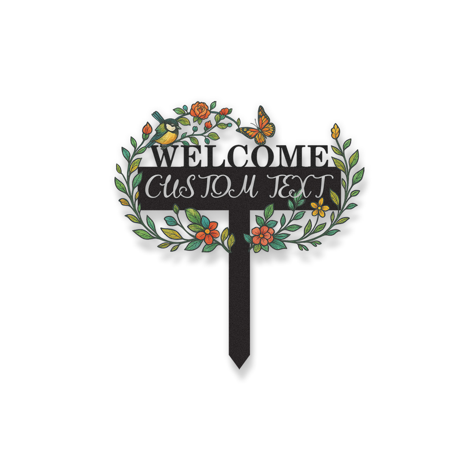 Welcome Garden Sign with Custom Text, Personalized Metal Yard Stake with Bird Butterfly and Flowers, Decorative Garden Name Sign for Front Yard or Entryway