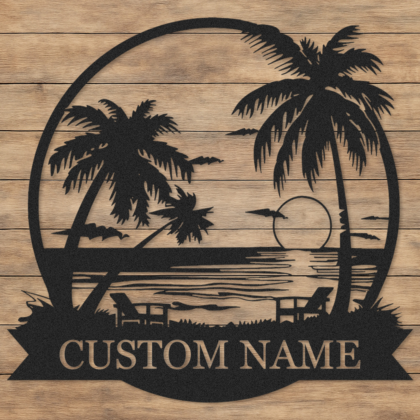Custom Beach Sunset Metal Sign, Personalized Palm Tree and Ocean View Wall Art for Tropical Patio, Poolside, or Coastal Home Decor