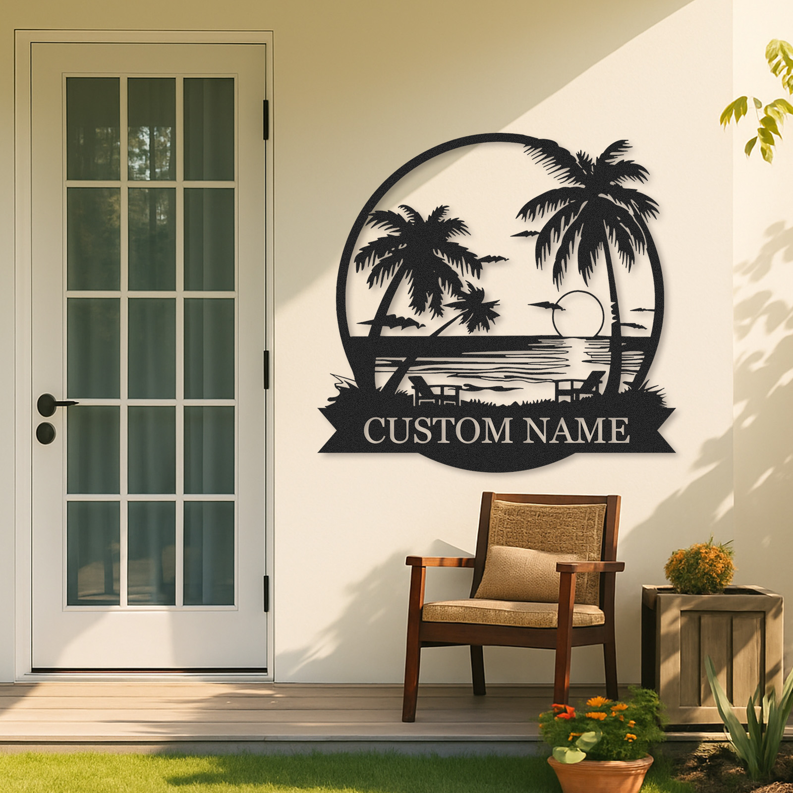 Custom Beach Sunset Metal Sign, Personalized Palm Tree and Ocean View Wall Art for Tropical Patio, Poolside, or Coastal Home Decor