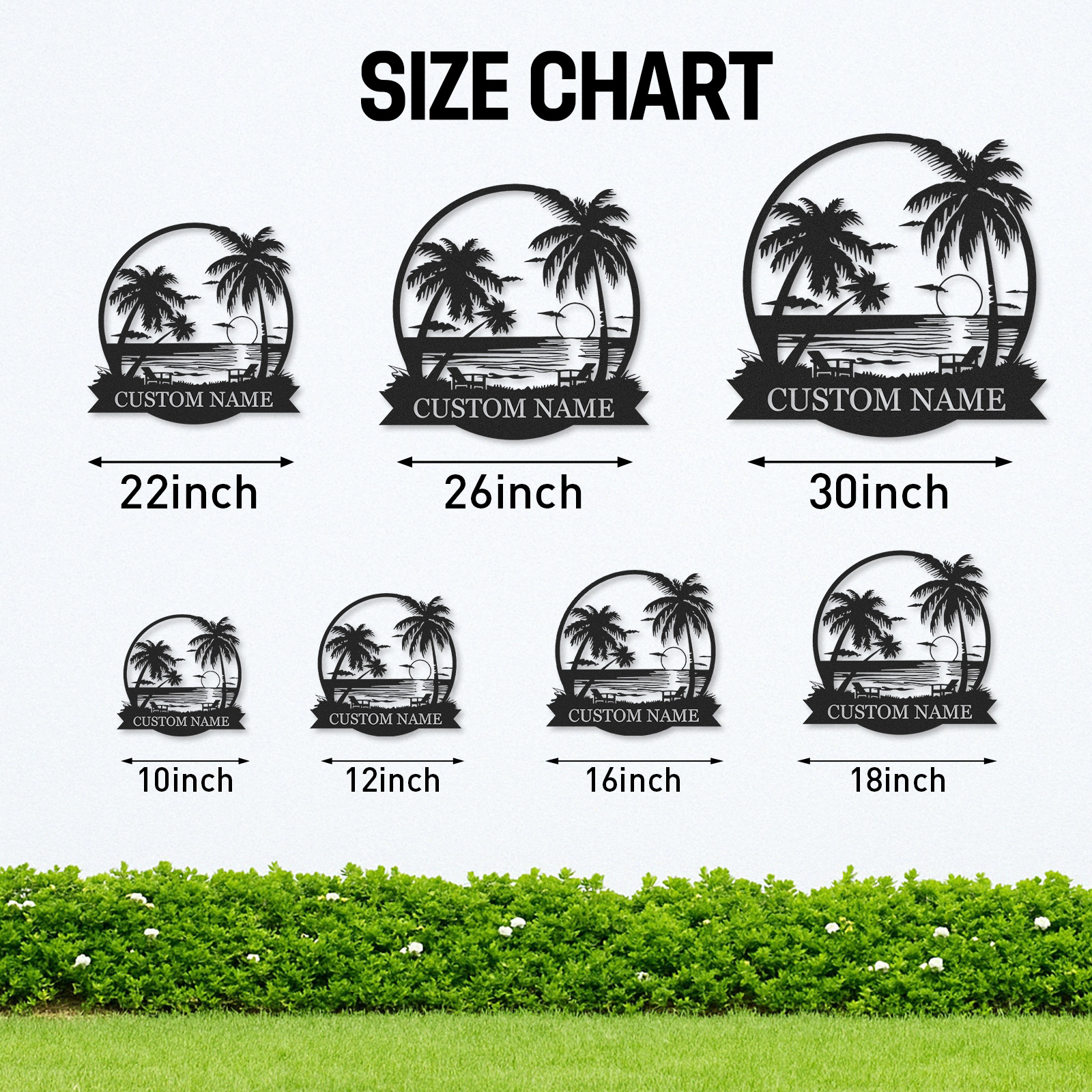 Custom Beach Sunset Metal Sign, Personalized Palm Tree and Ocean View Wall Art for Tropical Patio, Poolside, or Coastal Home Decor