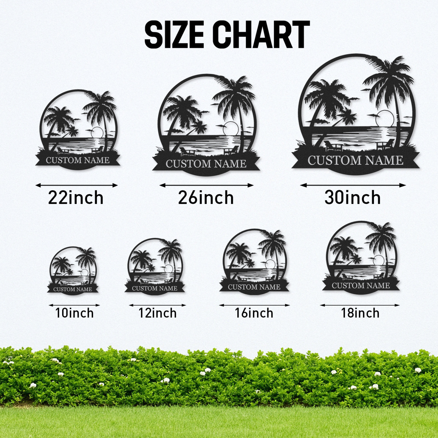 Custom Beach Sunset Metal Sign, Personalized Palm Tree and Ocean View Wall Art for Tropical Patio, Poolside, or Coastal Home Decor