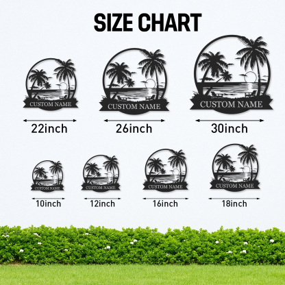 Custom Beach Sunset Metal Sign, Personalized Palm Tree and Ocean View Wall Art for Tropical Patio, Poolside, or Coastal Home Decor