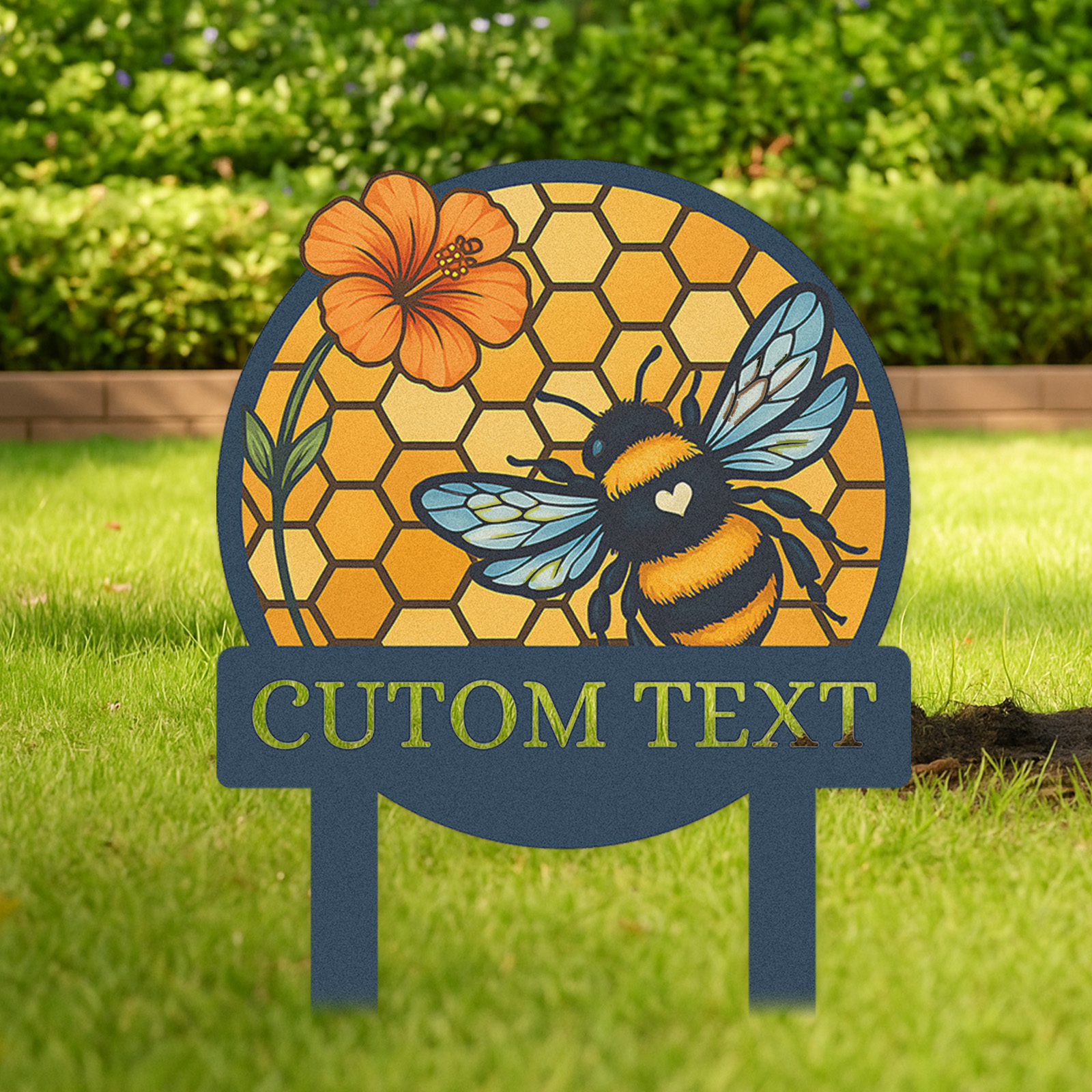 Personalized Bee Garden Sign, Custom Metal Honeycomb Yard Sign with Bumblebee and Flower, Garden Name Sign Outdoor Decor for Bee Lovers, Custom Text Garden Stake