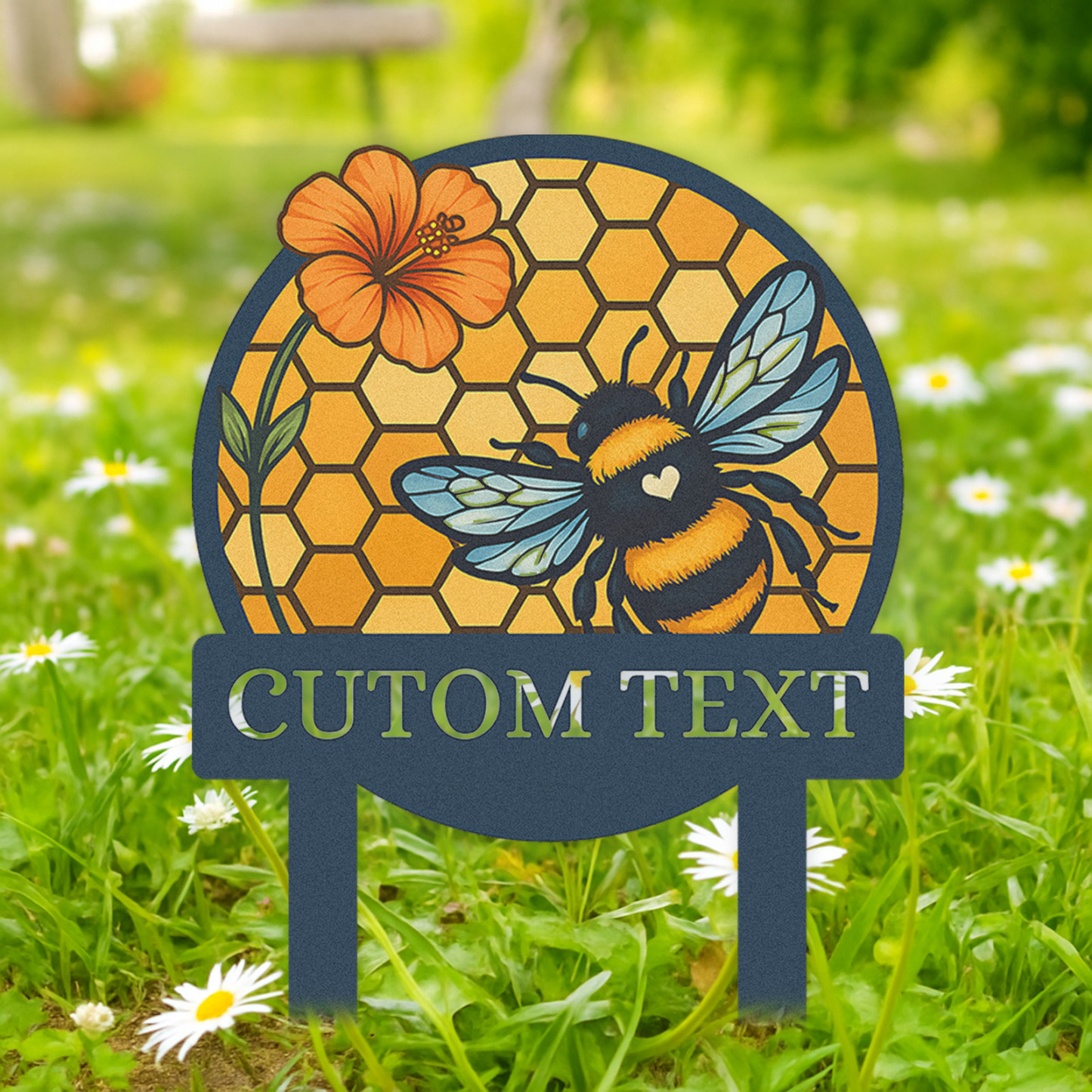 Personalized Bee Garden Sign, Custom Metal Honeycomb Yard Sign with Bumblebee and Flower, Garden Name Sign Outdoor Decor for Bee Lovers, Custom Text Garden Stake