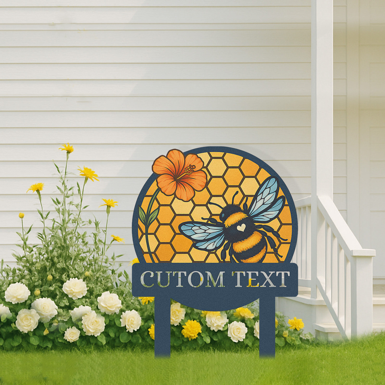 Personalized Bee Garden Sign, Custom Metal Honeycomb Yard Sign with Bumblebee and Flower, Garden Name Sign Outdoor Decor for Bee Lovers, Custom Text Garden Stake