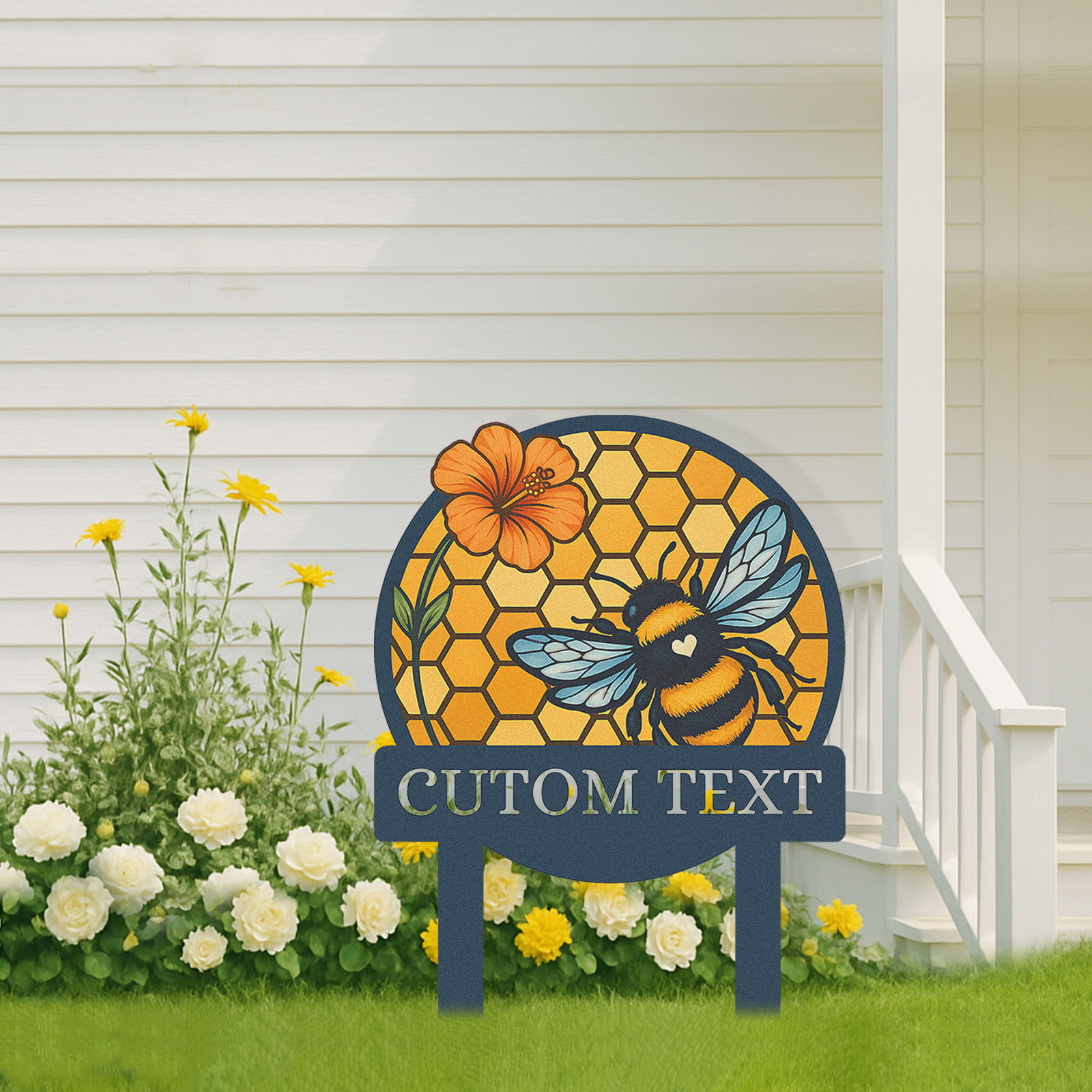 Personalized Bee Garden Sign, Custom Metal Honeycomb Yard Sign with Bumblebee and Flower, Garden Name Sign Outdoor Decor for Bee Lovers, Custom Text Garden Stake