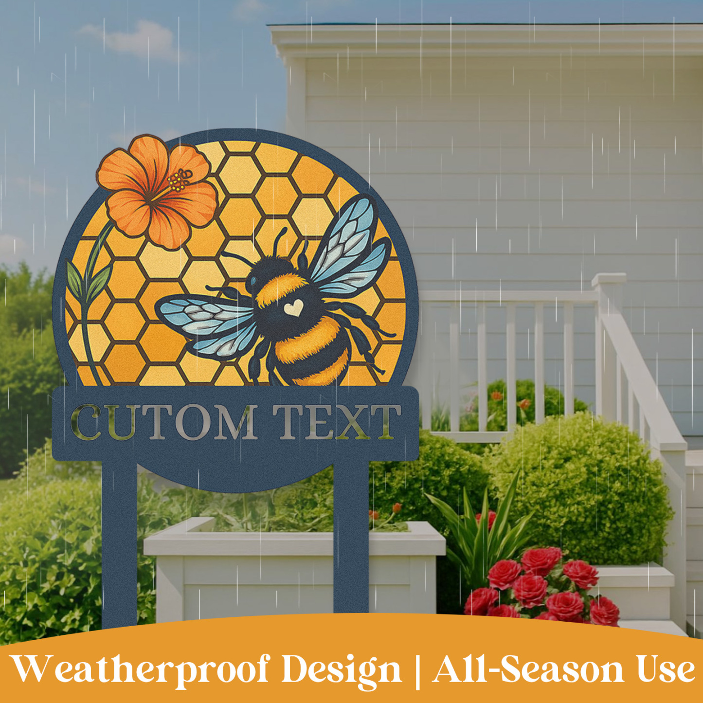 Personalized Bee Garden Sign, Custom Metal Honeycomb Yard Sign with Bumblebee and Flower, Garden Name Sign Outdoor Decor for Bee Lovers, Custom Text Garden Stake