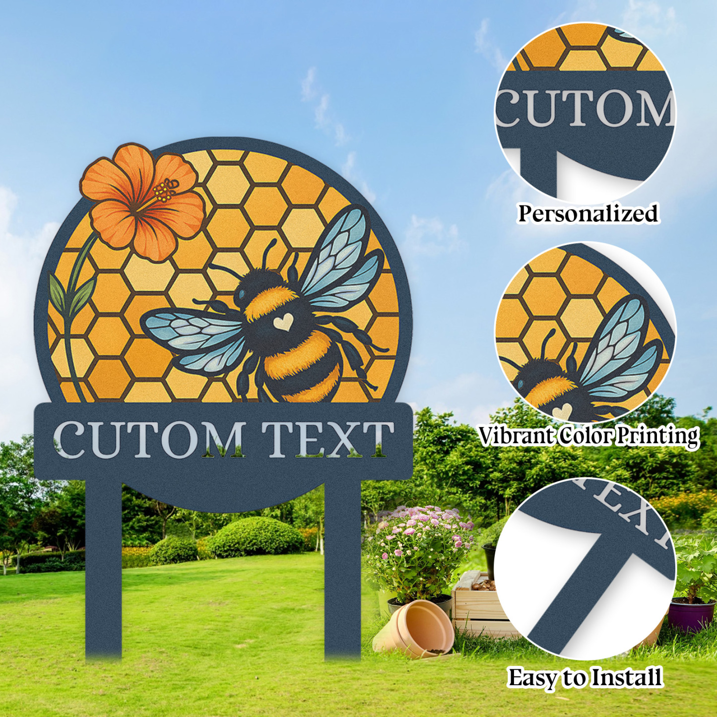 Personalized Bee Garden Sign, Custom Metal Honeycomb Yard Sign with Bumblebee and Flower, Garden Name Sign Outdoor Decor for Bee Lovers, Custom Text Garden Stake