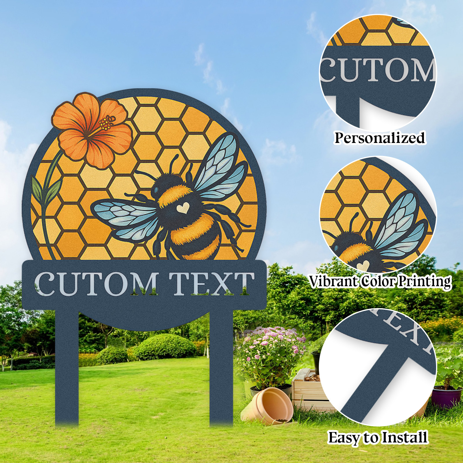 Personalized Bee Garden Sign, Custom Metal Honeycomb Yard Sign with Bumblebee and Flower, Garden Name Sign Outdoor Decor for Bee Lovers, Custom Text Garden Stake
