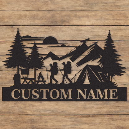 Custom Hiking Camping Metal Sign, Personalized Mountain Tent and Trail Scene for Outdoor Cabin, Basecamp, or Adventure Family Gift