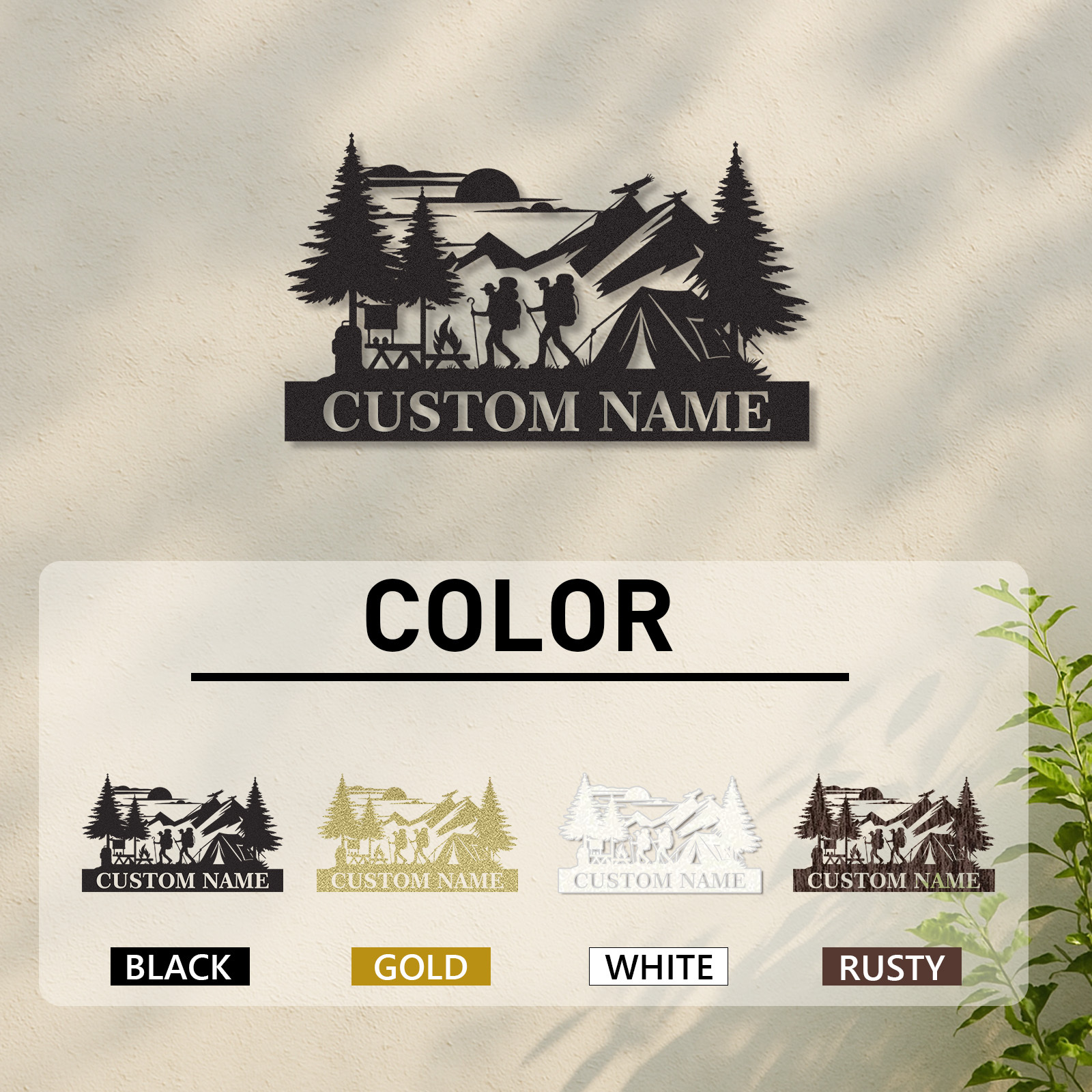 Custom Hiking Camping Metal Sign, Personalized Mountain Tent and Trail Scene for Outdoor Cabin, Basecamp, or Adventure Family Gift