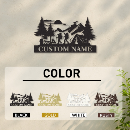Custom Hiking Camping Metal Sign, Personalized Mountain Tent and Trail Scene for Outdoor Cabin, Basecamp, or Adventure Family Gift