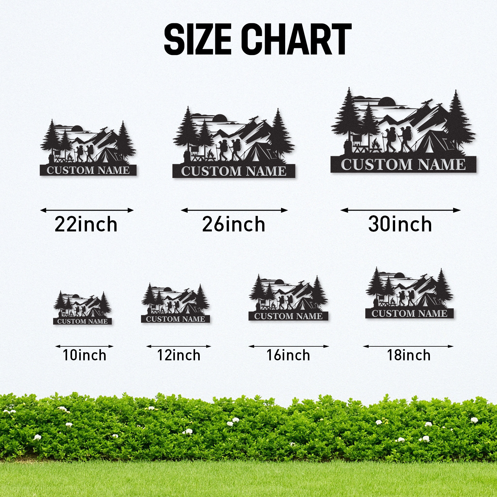 Custom Hiking Camping Metal Sign, Personalized Mountain Tent and Trail Scene for Outdoor Cabin, Basecamp, or Adventure Family Gift