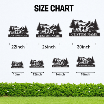 Custom Hiking Camping Metal Sign, Personalized Mountain Tent and Trail Scene for Outdoor Cabin, Basecamp, or Adventure Family Gift