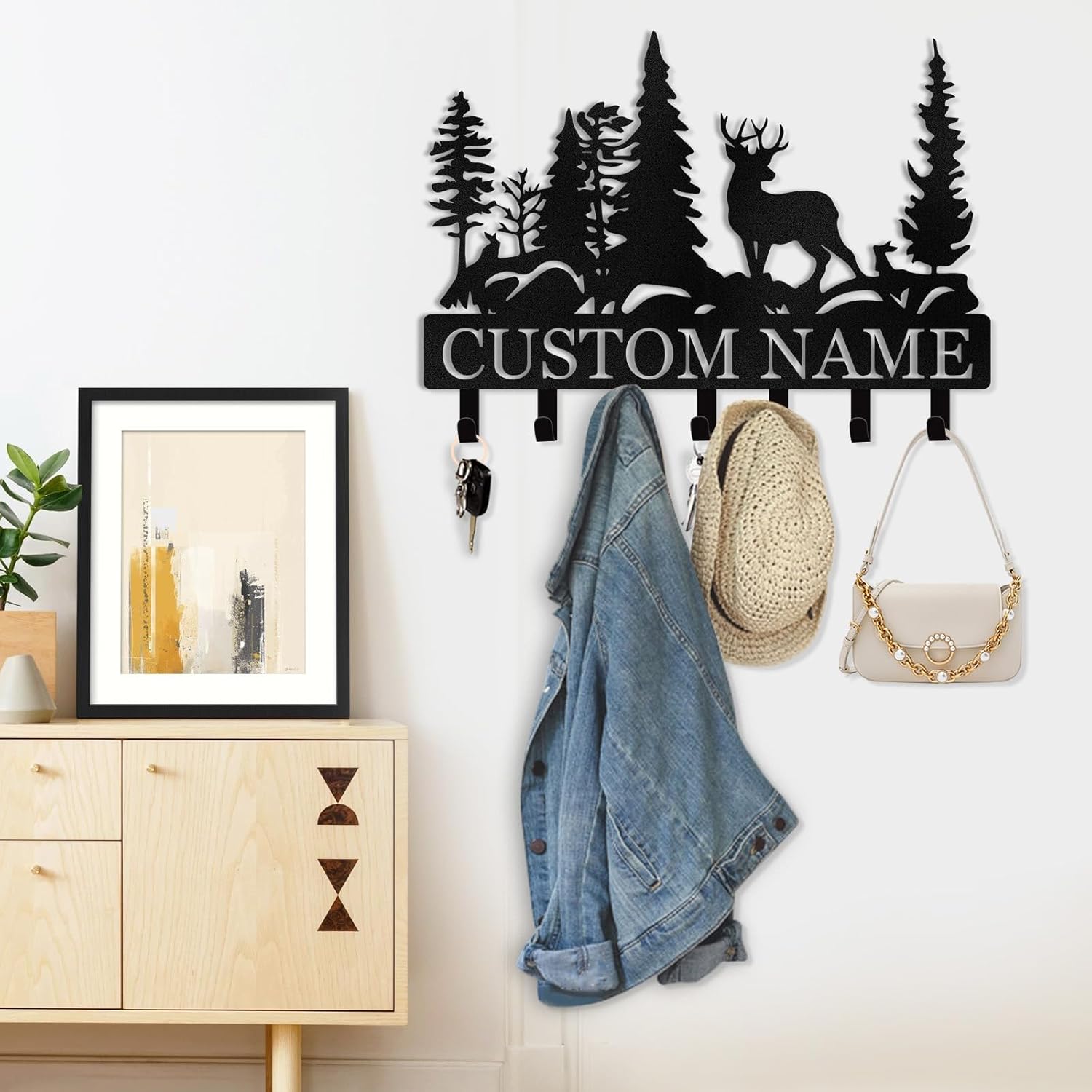 Personalized Key Holder for Wall, Custom Forest Deer Coat Rack Wall Hanging-MetalsignX