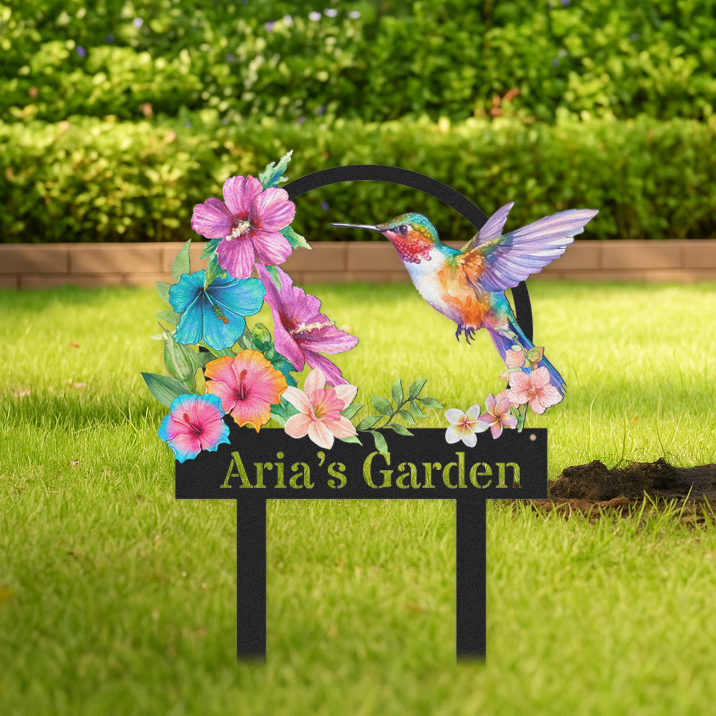 Custom Hummingbird Garden Sign, Personalized Colorful Flower Garden Name Sign for Outside, Metal Yard Decor with Custom Text, Garden Stake Gift for Nature Lovers
