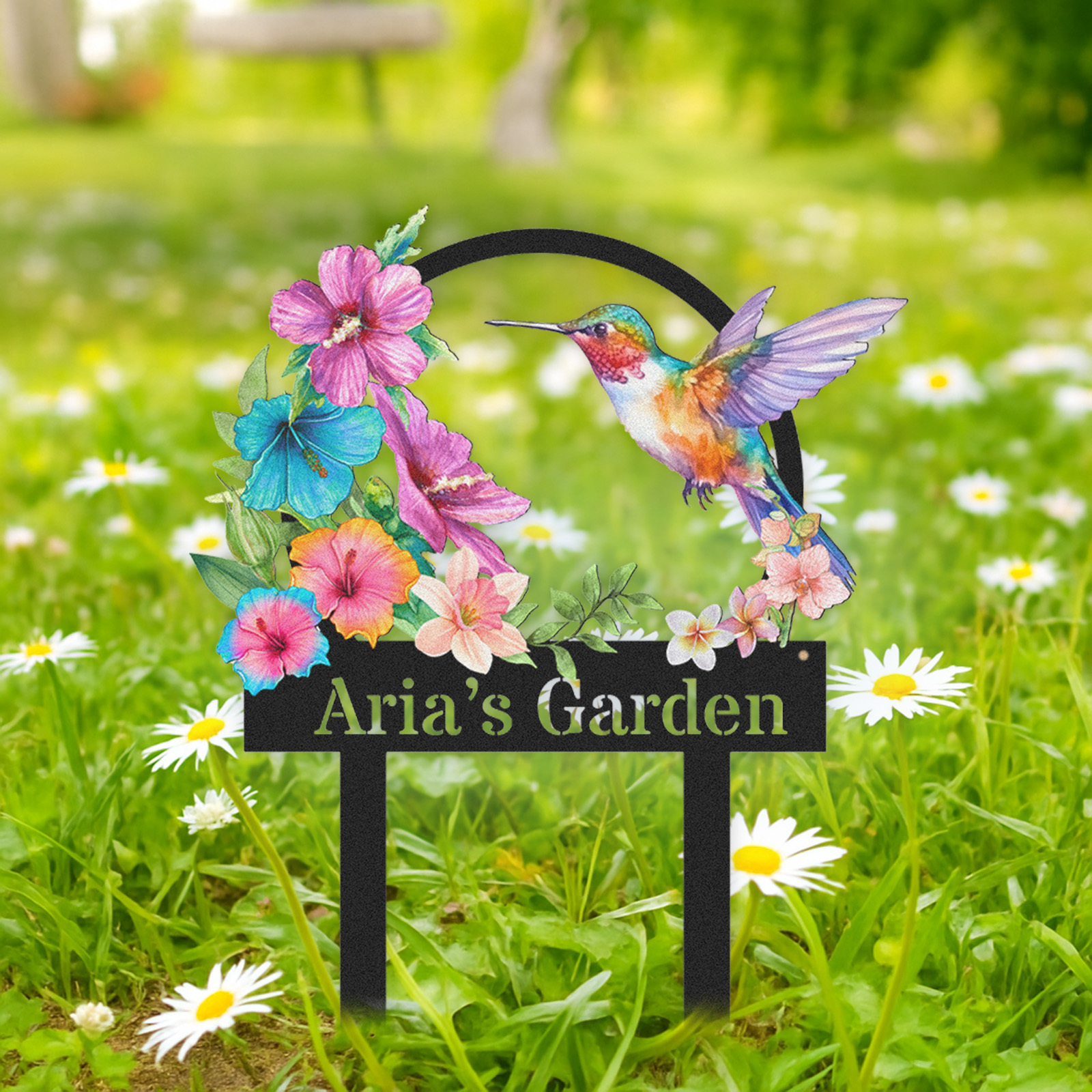 Custom Hummingbird Garden Sign, Personalized Colorful Flower Garden Name Sign for Outside, Metal Yard Decor with Custom Text, Garden Stake Gift for Nature Lovers
