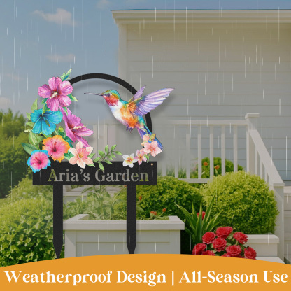 Custom Hummingbird Garden Sign, Personalized Colorful Flower Garden Name Sign for Outside, Metal Yard Decor with Custom Text, Garden Stake Gift for Nature Lovers