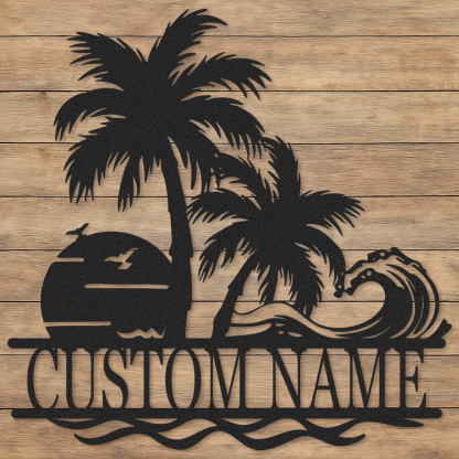 Custom Tropical Wave Metal Sign, Personalized Palm Tree and Sunset Ocean Scene for Beach House, Poolside, or Tiki Bar Decor