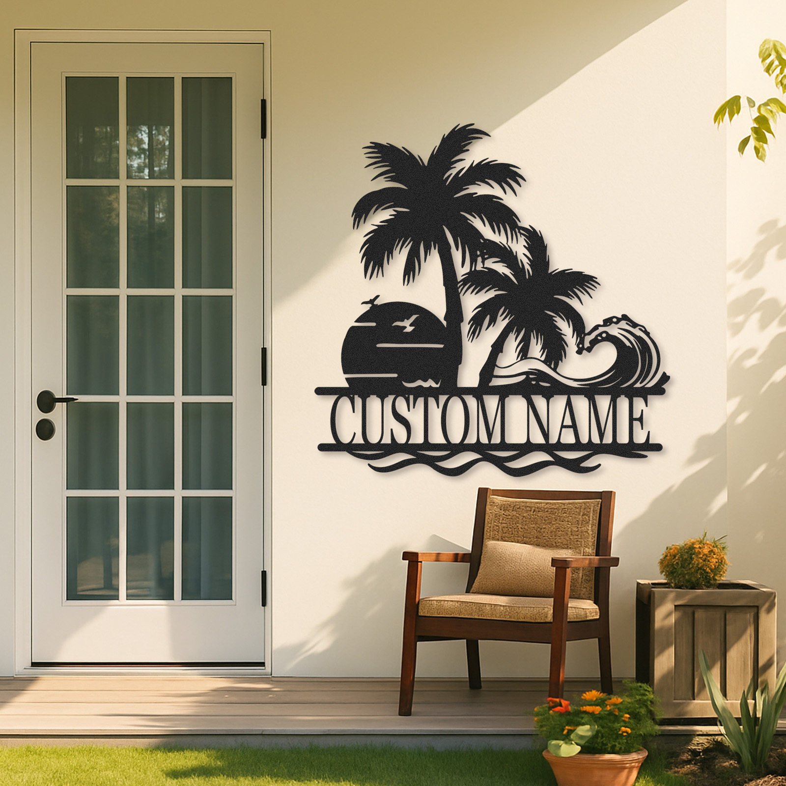 Custom Tropical Wave Metal Sign, Personalized Palm Tree and Sunset Ocean Scene for Beach House, Poolside, or Tiki Bar Decor