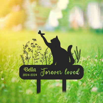Custom Cat Memorial Garden Stake with Butterfly, Personalized Outdoor Sign with Name and Dates, Forever Loved Pet Tribute for Cat Loss