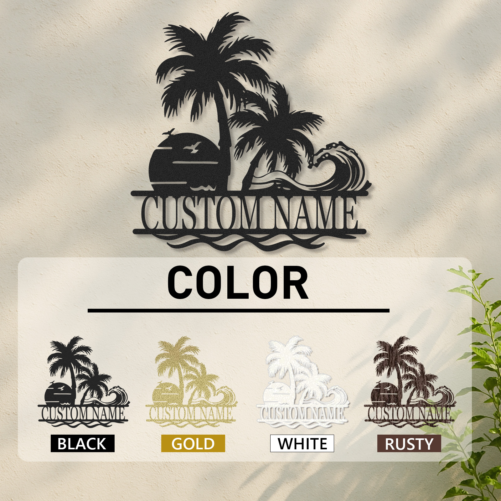 Custom Tropical Wave Metal Sign, Personalized Palm Tree and Sunset Ocean Scene for Beach House, Poolside, or Tiki Bar Decor