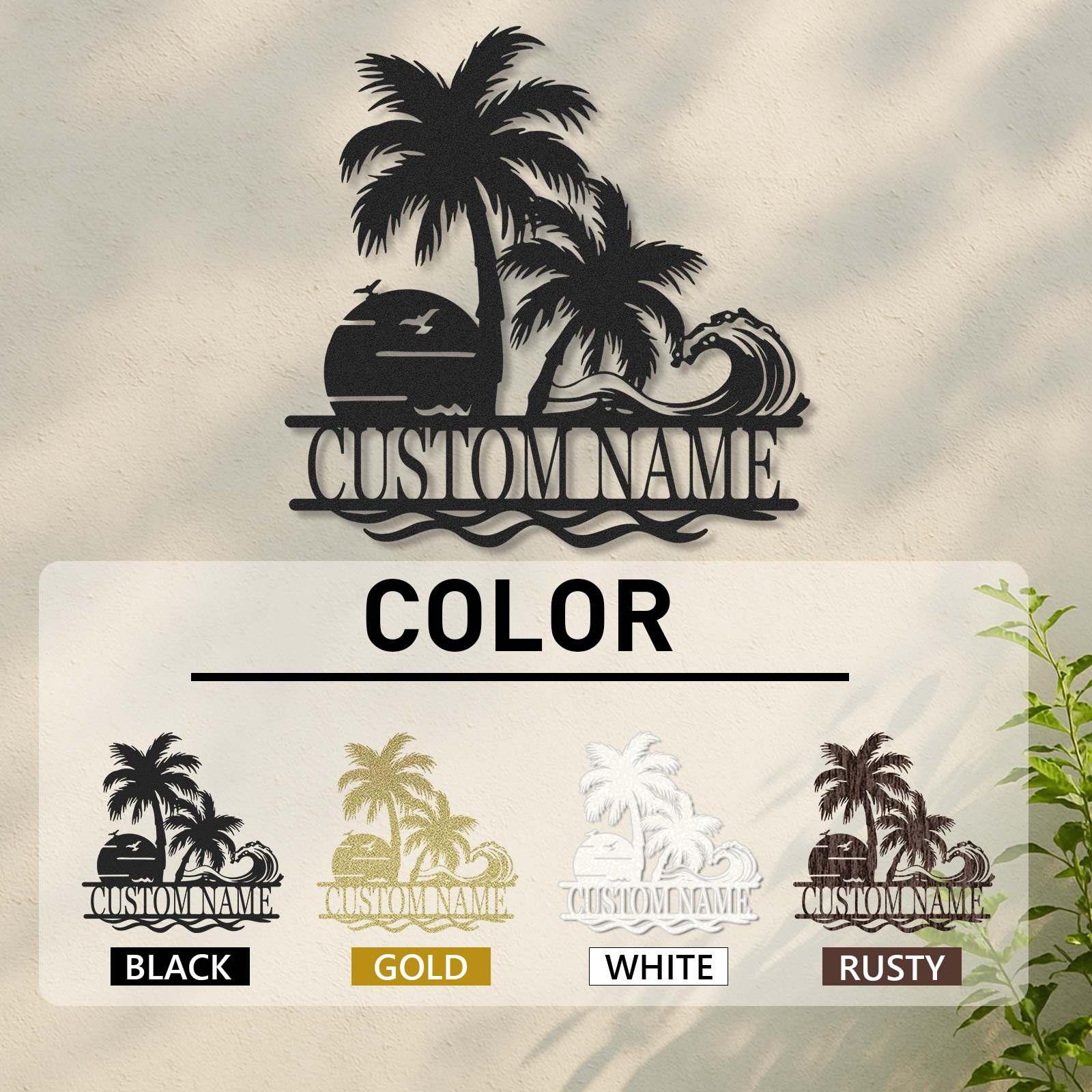 Custom Tropical Wave Metal Sign, Personalized Palm Tree and Sunset Ocean Scene for Beach House, Poolside, or Tiki Bar Decor