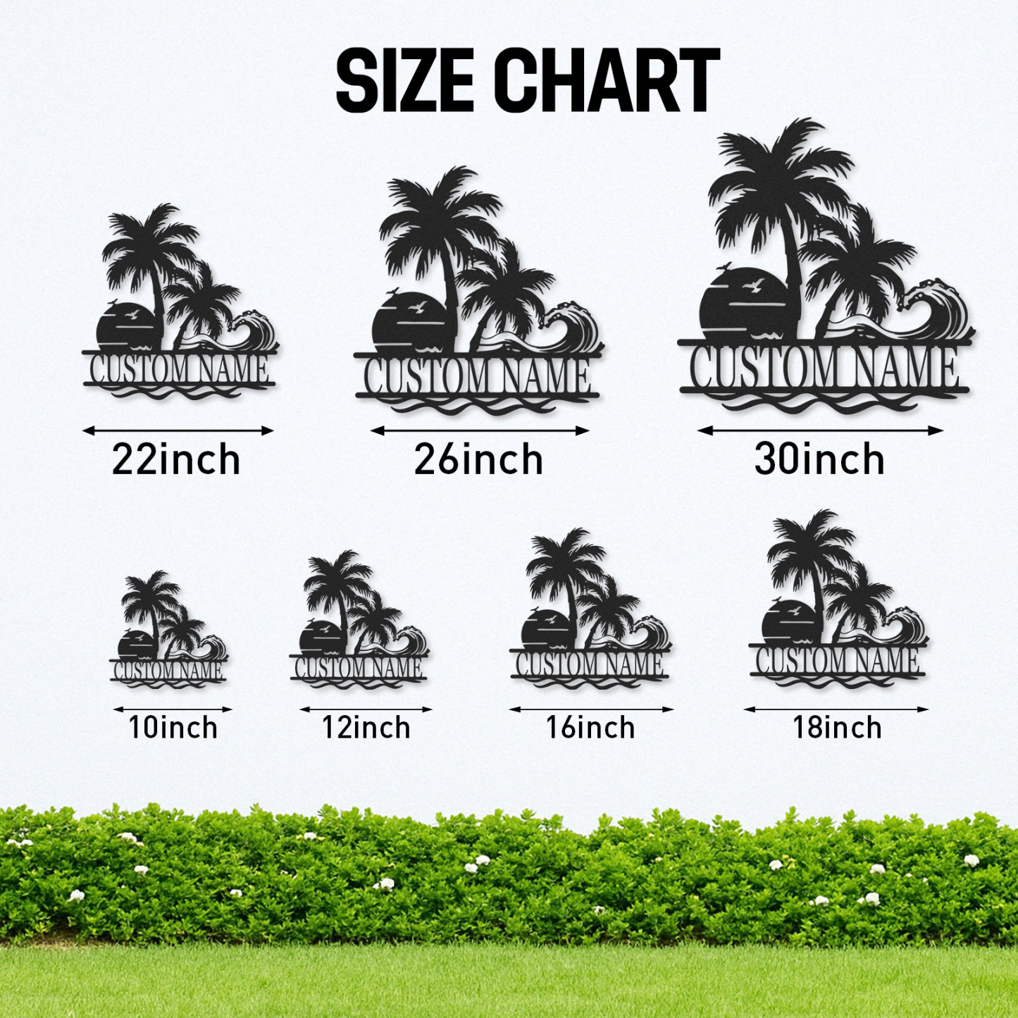 Custom Tropical Wave Metal Sign, Personalized Palm Tree and Sunset Ocean Scene for Beach House, Poolside, or Tiki Bar Decor