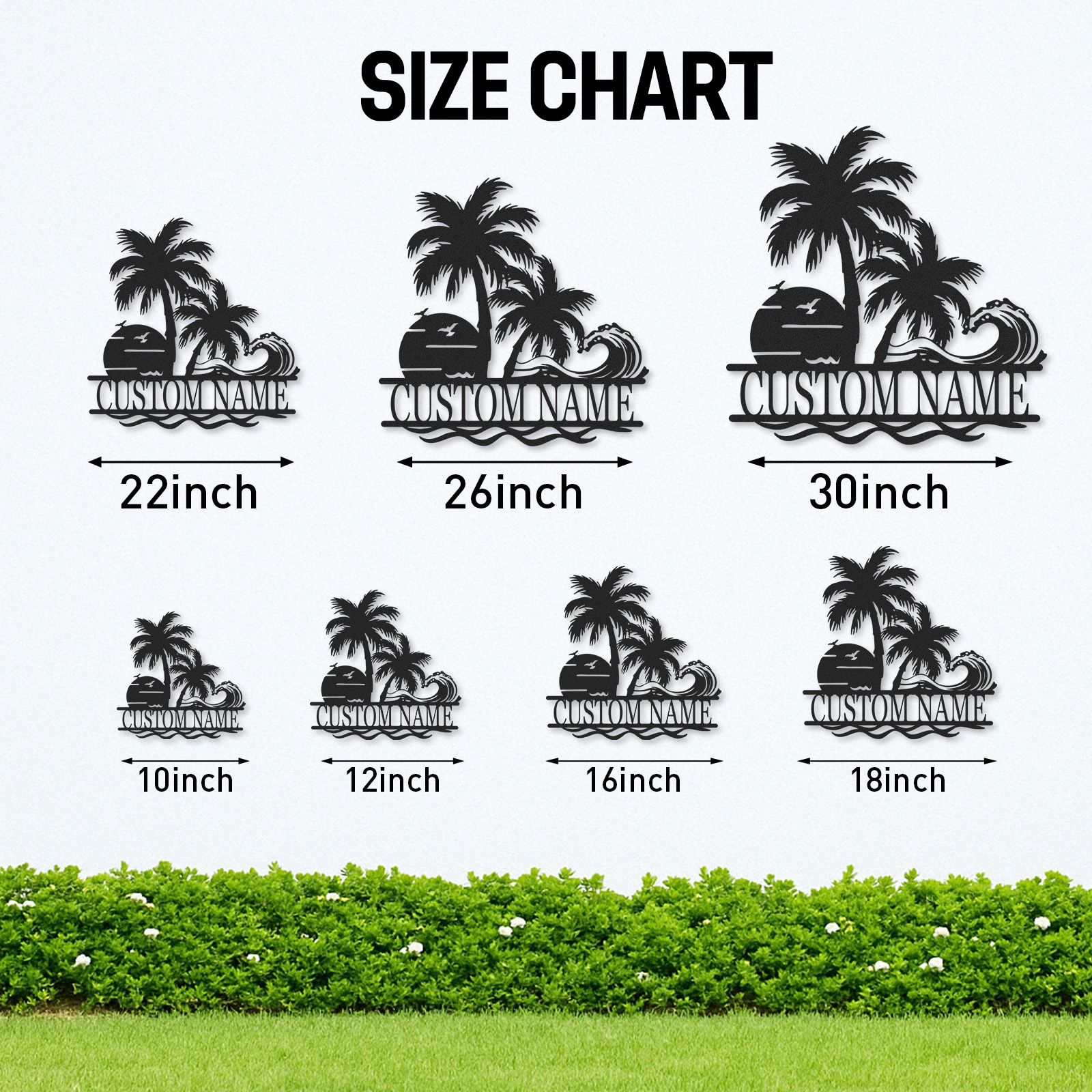 Custom Tropical Wave Metal Sign, Personalized Palm Tree and Sunset Ocean Scene for Beach House, Poolside, or Tiki Bar Decor