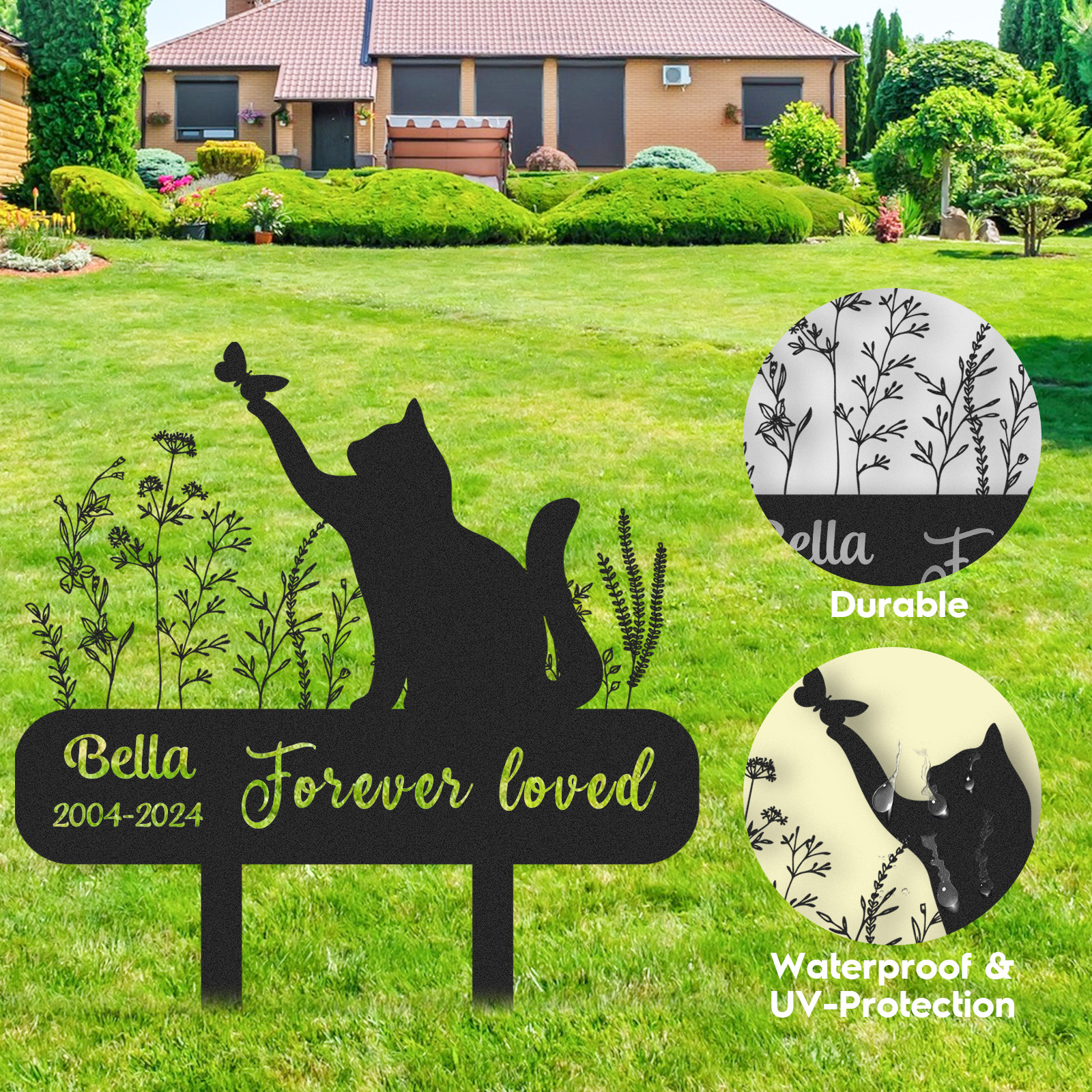 Custom Cat Memorial Garden Stake with Butterfly, Personalized Outdoor Sign with Name and Dates, Forever Loved Pet Tribute for Cat Loss