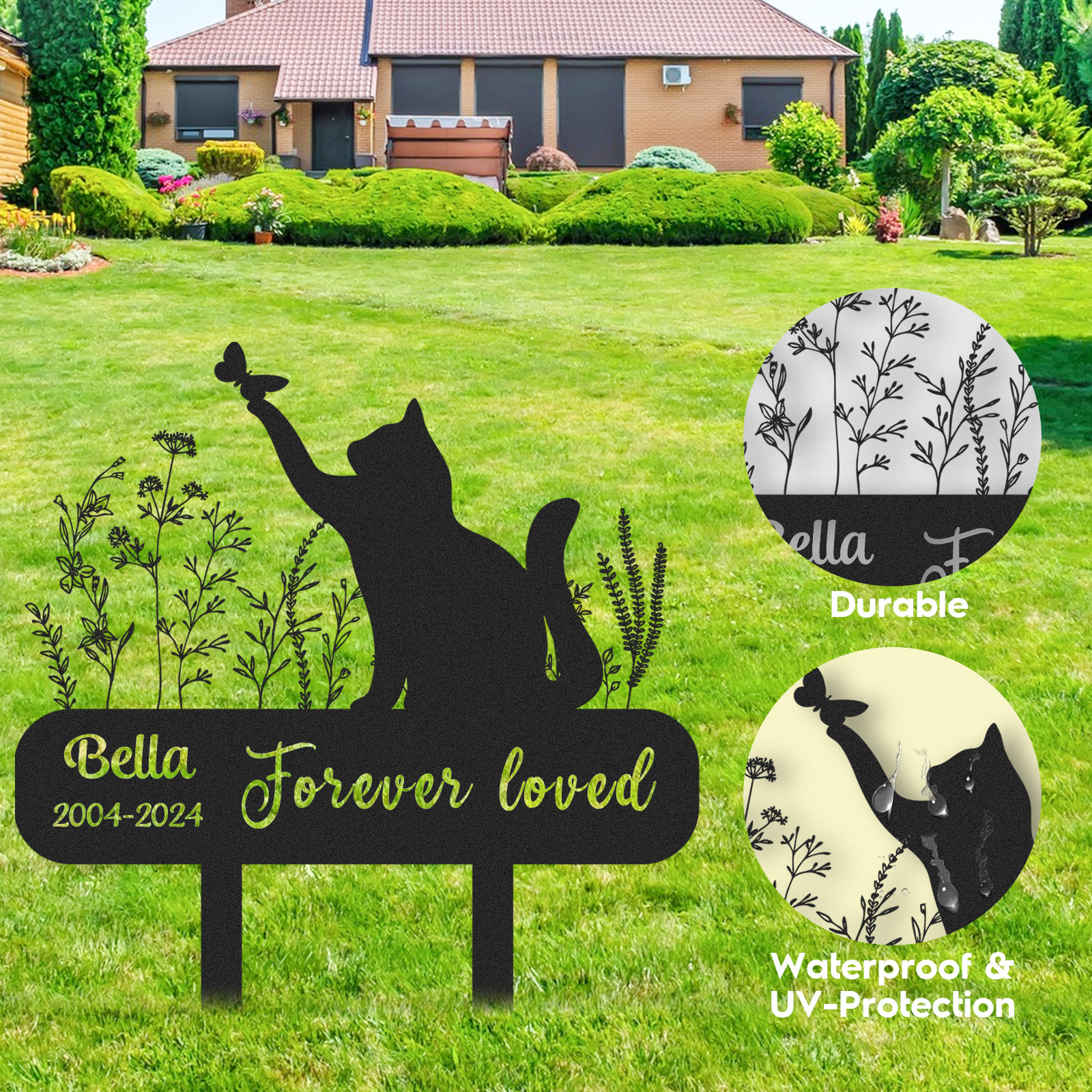 Custom Cat Memorial Garden Stake with Butterfly, Personalized Outdoor Sign with Name and Dates, Forever Loved Pet Tribute for Cat Loss