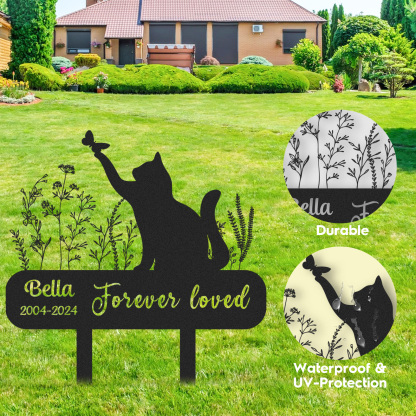 Custom Cat Memorial Garden Stake with Butterfly, Personalized Outdoor Sign with Name and Dates, Forever Loved Pet Tribute for Cat Loss