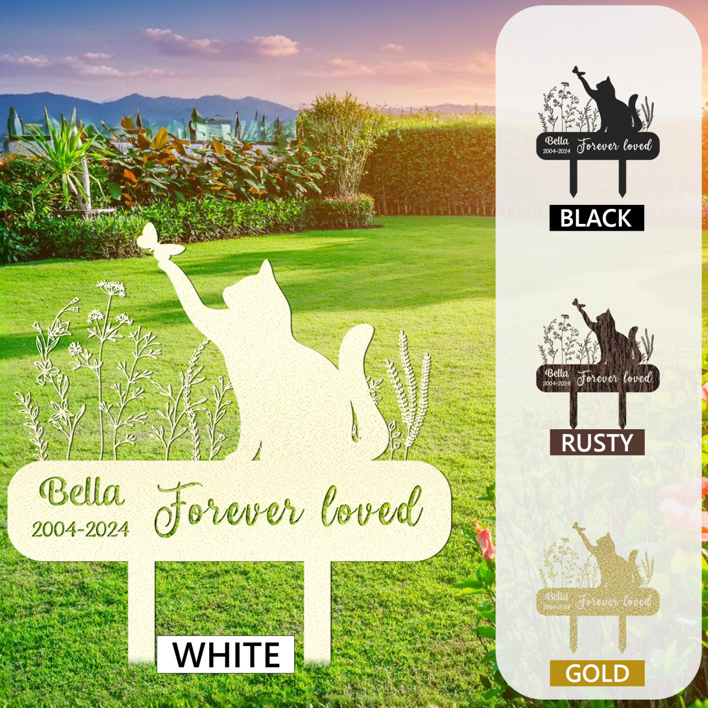 Custom Cat Memorial Garden Stake with Butterfly, Personalized Outdoor Sign with Name and Dates, Forever Loved Pet Tribute for Cat Loss