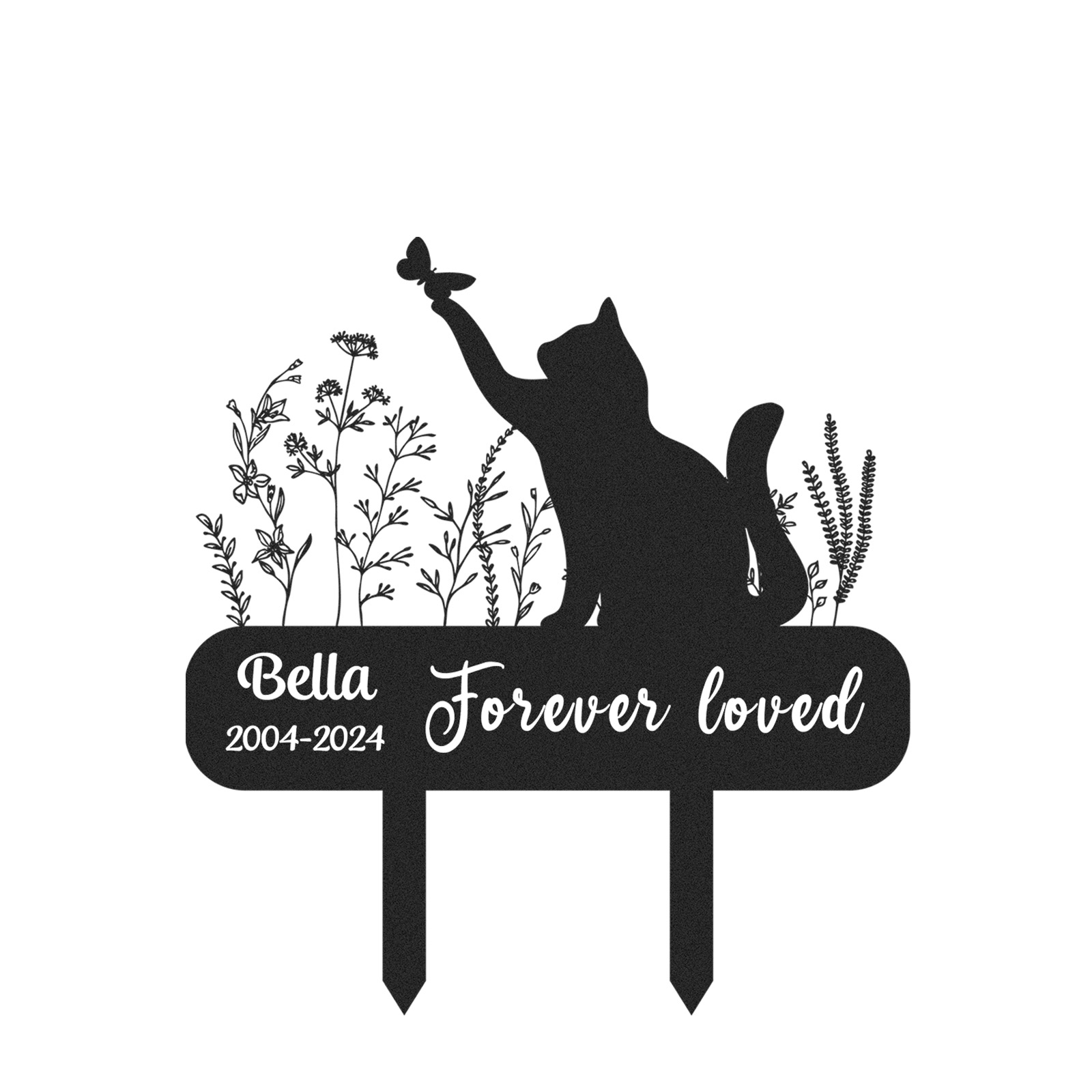 Custom Cat Memorial Garden Stake with Butterfly, Personalized Outdoor Sign with Name and Dates, Forever Loved Pet Tribute for Cat Loss