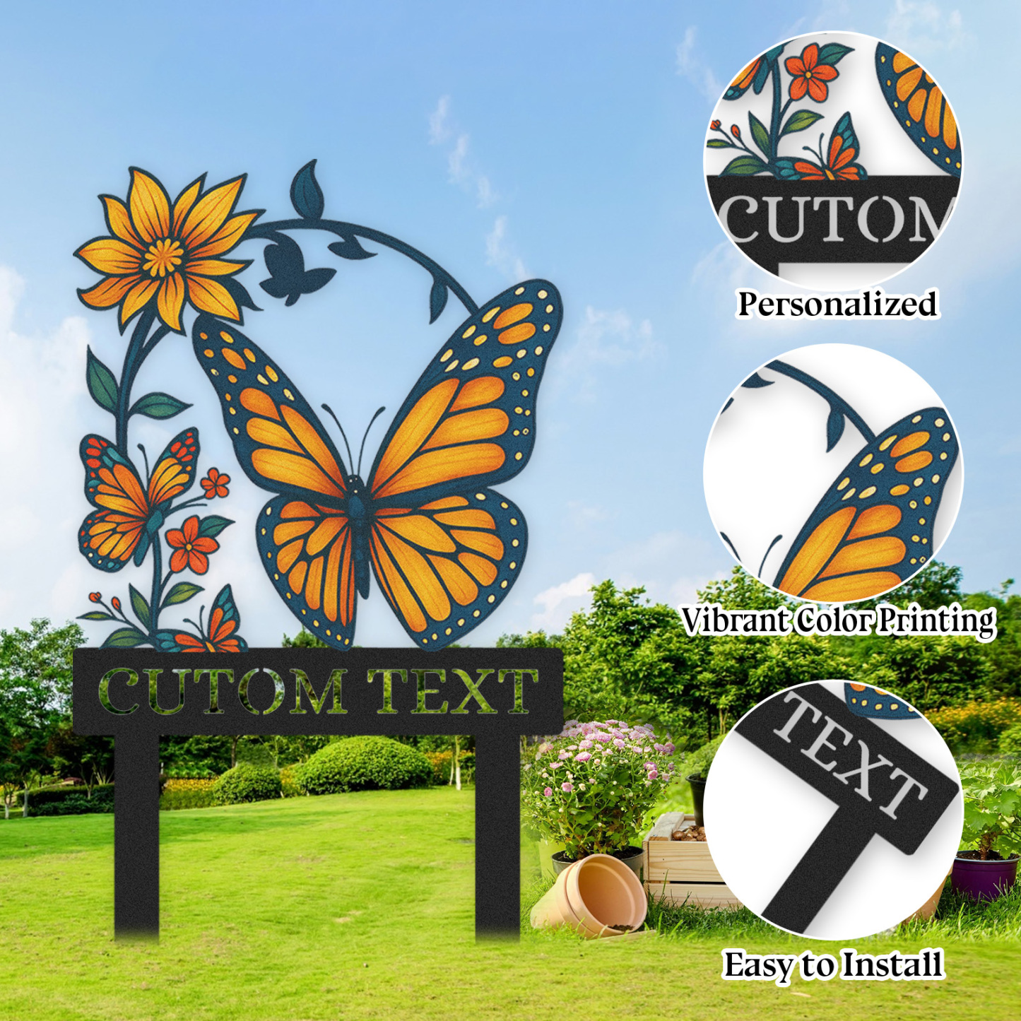 Custom Butterfly Garden Sign, Personalized Colorful Monarch Metal Yard Stake for Garden Decor, Custom Name Flower Sign for Outdoor, Gift for Gardeners