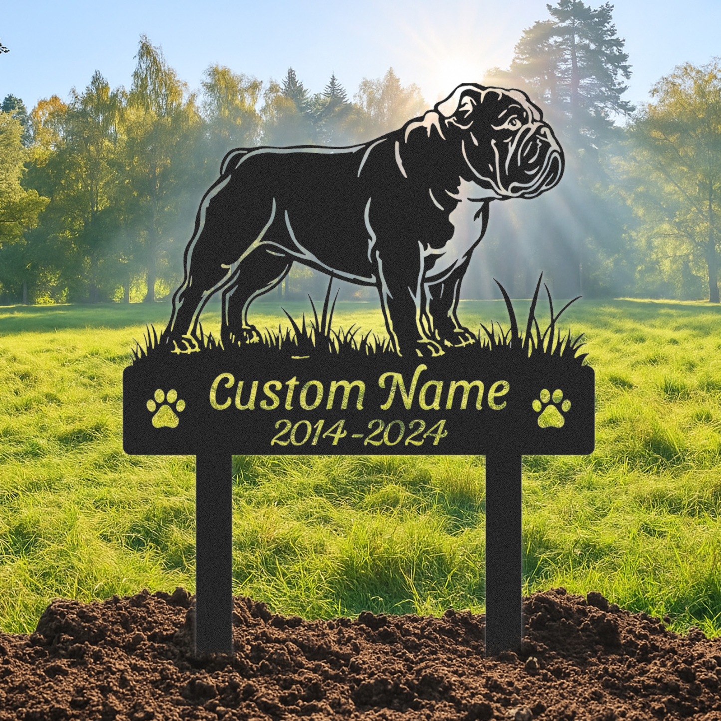 Custom Bulldog Dog Memorial Garden Stake, Personalized Outdoor Pet Grave Marker with Name and Dates, Tribute Sign for Dog Lovers