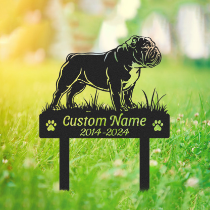 Custom Bulldog Dog Memorial Garden Stake, Personalized Outdoor Pet Grave Marker with Name and Dates, Tribute Sign for Dog Lovers