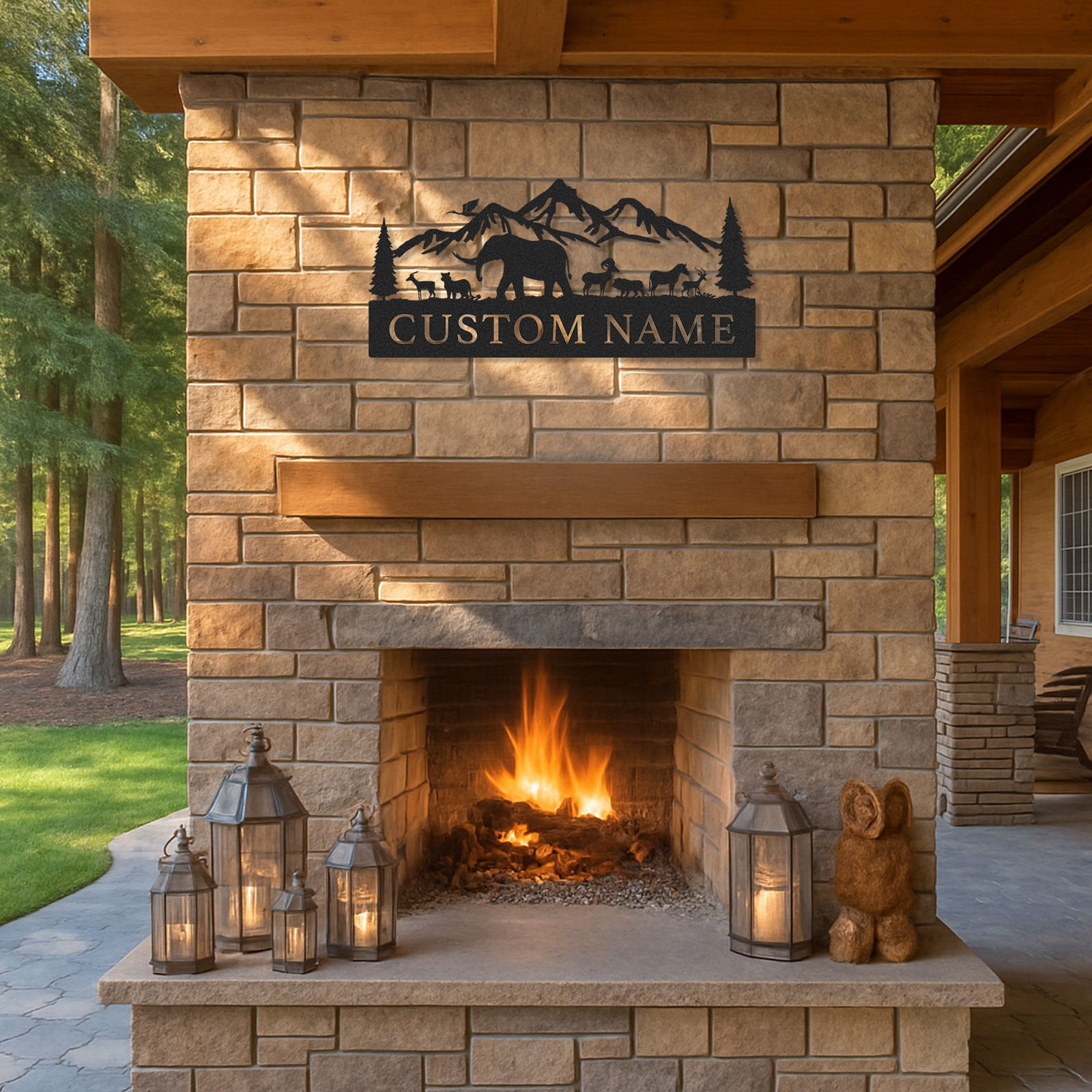 Custom Name Wildlife Sign, Mountain Forest Metal Art with Elephant and Deer, Great Gift for Outdoor Families