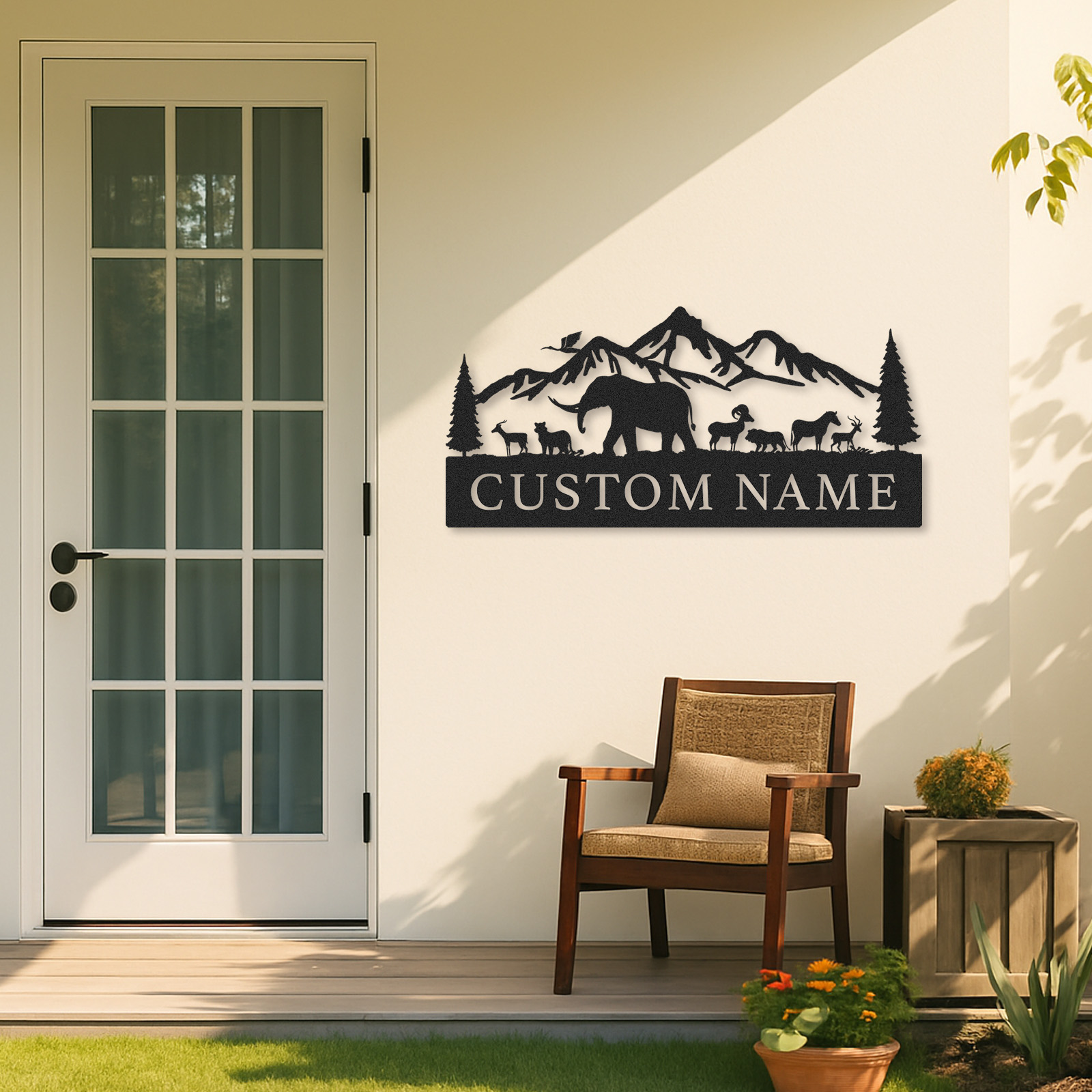 Custom Name Wildlife Sign, Mountain Forest Metal Art with Elephant and Deer, Great Gift for Outdoor Families