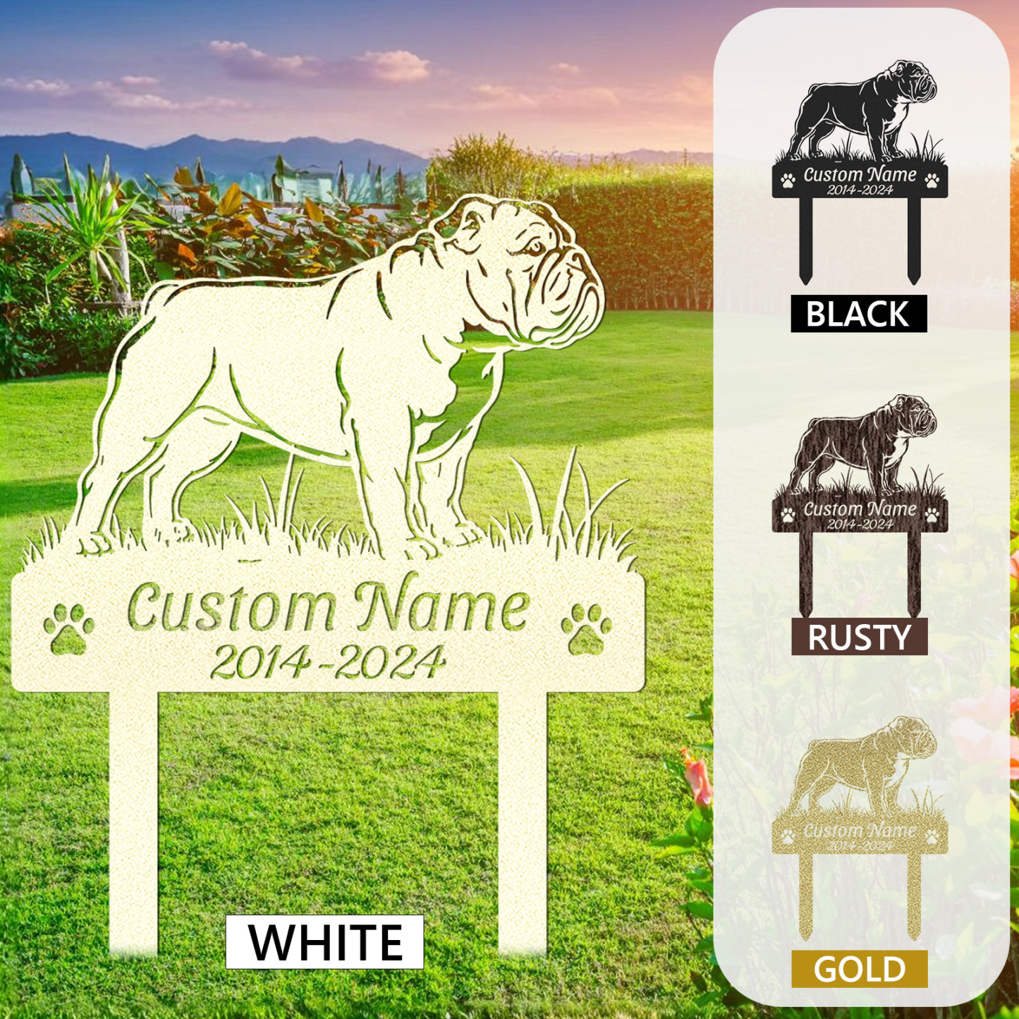 Custom Bulldog Dog Memorial Garden Stake, Personalized Outdoor Pet Grave Marker with Name and Dates, Tribute Sign for Dog Lovers